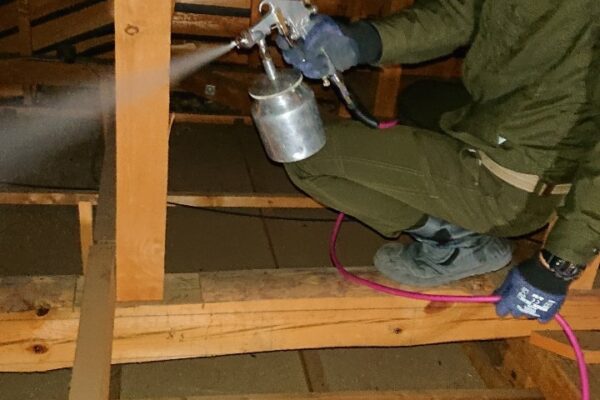 天井裏の殺菌消毒作業